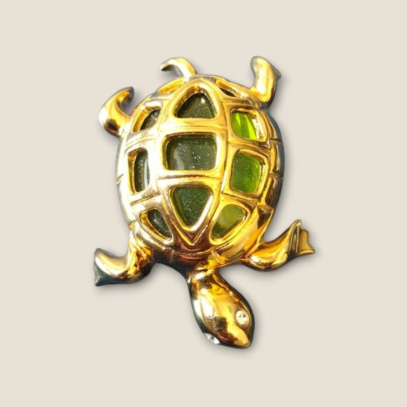 Ann Klein Gold Tone and Green Jelly Belly Turtle Brooch - Picture 2 of 3